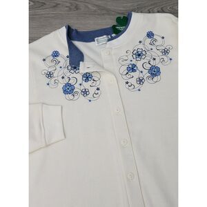 VTG Shenanigans Off White Blue Embroidered Flowers Button‎ Up Cardigan Womens XL